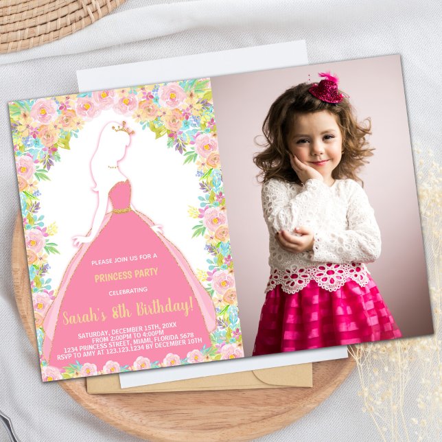 Convites Foto: Floral Glitter Pink Princess Birthday (Photo Floral Glitter Pink Princess Birthday Invitation)