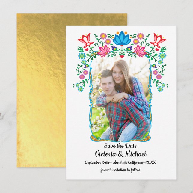 Convites Foto Floral Mexicana Fiesta Salvar data (Frente/Verso)