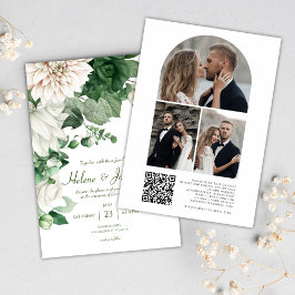 Convites Foto Floral Moderna Código QR Casamento Verde Esme