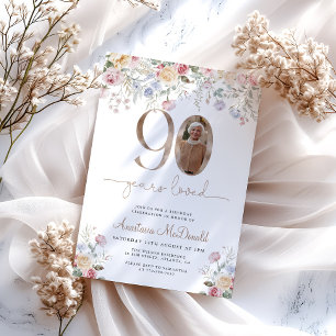 Convites Foto Floral Pastel Elegante Aniversário de 90 anos