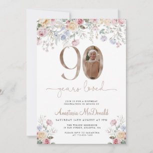 Convites Foto Floral Pastel Elegante Aniversário de 90 anos