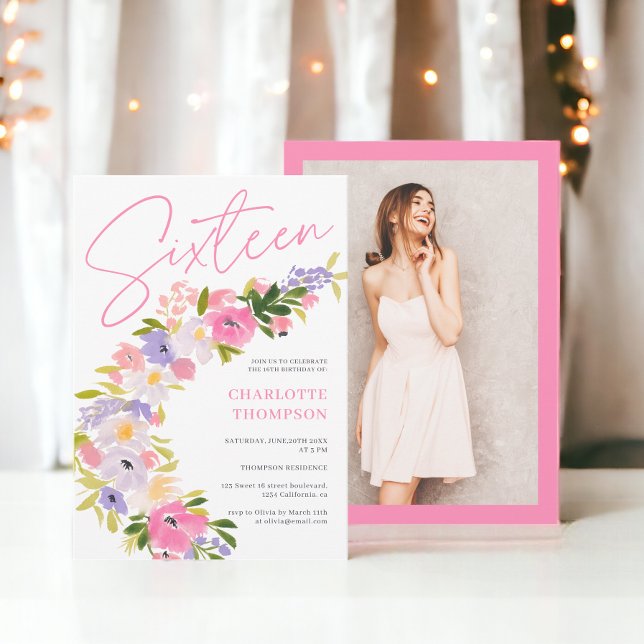 Convites Foto floral pastel elegante Sweet 16 (Elegant pastel floral photo script Sweet 16 Invitation)