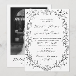 Convites Foto Floral Preto e Branco Casamento Old Money
