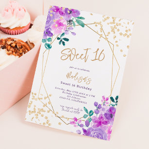 Convites Foto floral púrpura Dourada brilhante Doce 16