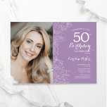 Convites Foto Floral Púrpura Elegante 50º Aniversário<br><div class="desc">Convite de aniversário floral roxo claro 50º com sua foto na frente do cartão. Elegante design moderno com desenhos botânicos desenhados em destaque e letra de script de tipografia. Simples trendy convida cartão perfeito para uma festa de na moda. Pode ser personalizado para qualquer idade. Impressos convites Zazzle ou modelo...</div>
