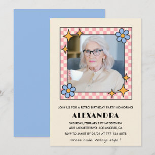 Convites Foto Floral Rosa Azul Retro Aniversário de 93 anos