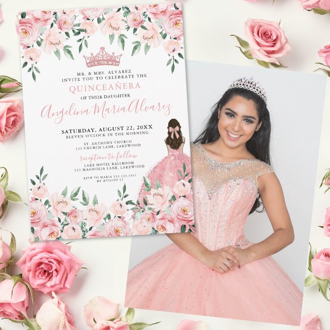 Convites Foto Floral Rosa Bege Quinceanera (Floral Photo Blush Pink Quinceanera Invitation)