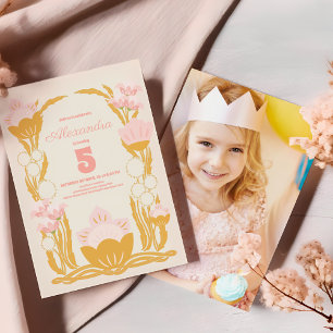 Convites Foto Floral Rosa Dourado Aniversário Infantil