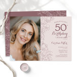 Convites Foto Floral Rosa Elegante 50º Aniversário<br><div class="desc">Elegante cor-de-rosa empoeirado e convite de aniversário floral mauve 50º com sua foto na frente do cartão. Design minimalista moderno com desenhos botânicos em destaque e letra de script de tipografia. Simples trendy convida cartão perfeito para uma festa de na moda. Pode ser personalizado para qualquer idade. Impressos convites Zazzle...</div>