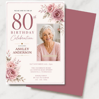Convites Foto Floral Rosa Empoeirado Aniversário de 80 anos