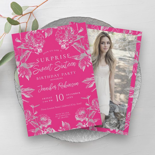 Convites Foto Floral, Rosa Quente e Silver, SURPRISE Sweet  (Hot Pink & Silver Floral Photo SURPRISE Sweet 16 Invitation)