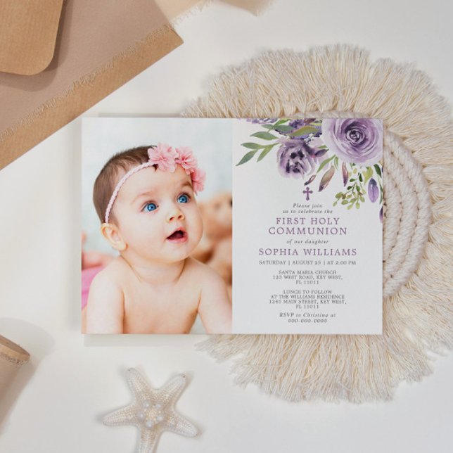 Convites Foto Floral Rosa Roxa Primeira Comunhão Sagrada (Criador carregado)