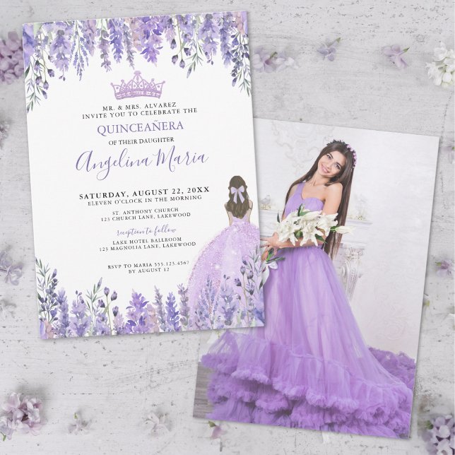 Convites Foto Floral Roxo de Quinceañera (Purple Lavender Photo Floral Quinceañera Invitation)
