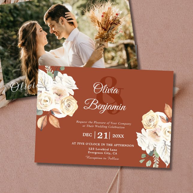 Convites Foto Floral Rustic Foto Queimada Casamento Laranja (Rustic Floral Photo Burnt Orange Wedding Invitation )