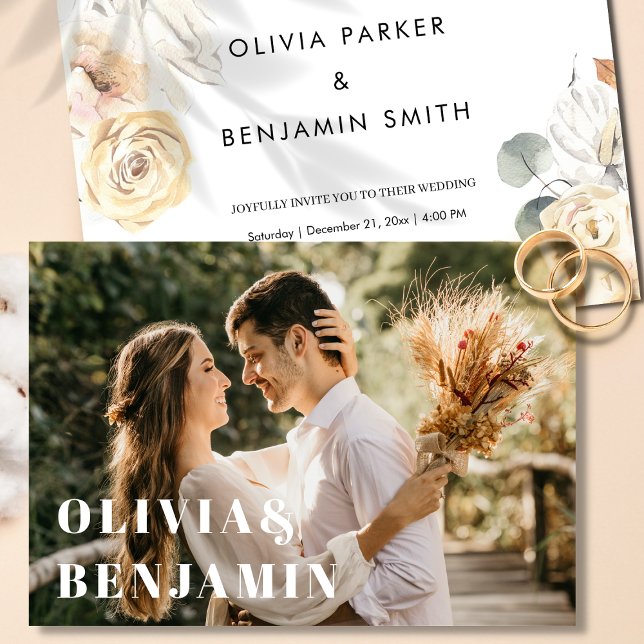 Convites Foto Floral Simples Da Tipografia Moderna (Simple Modern Typography Photo Floral Wedding Invitation)