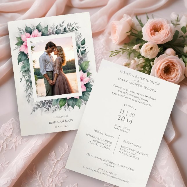 Convites Foto Floral Suave Botânica Eetal e Encantadora (Ethereal & Enchanting Botanical Soft Floral Photo Frame in Pink Wedding Invitations Cards.)