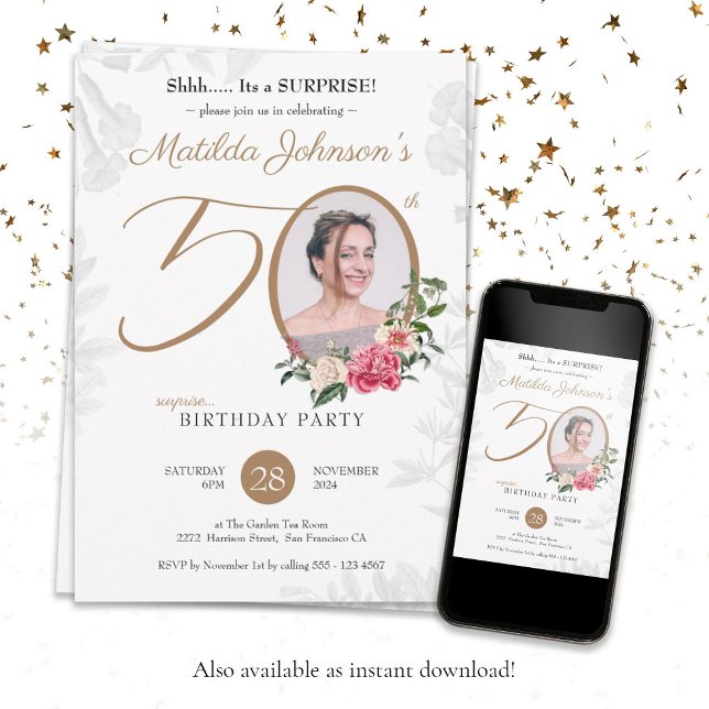 Convites Foto Floral Surpresa 50º Aniversário (Surprise 50th Birthday Chic Floral Botanical Photo Invitation)