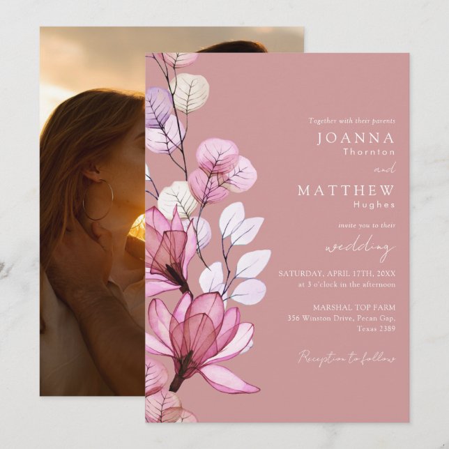 Convites Foto Floral Transparent Dusty Rosa Casamento (Frente/Verso)