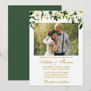 Convites Foto Floral Verde de Casamento Dourado