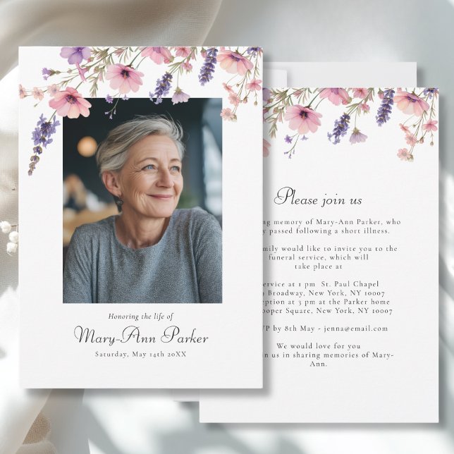 Convites Foto Funeral de "Celebração da Vida" de Flor Silve (Wildflower "Celebration of Life" Photo Funeral White Purple Pink Invitation)