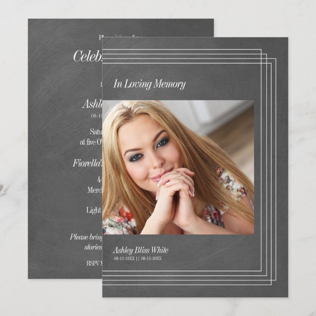 Convites Foto Funeral Invitation Cinza Faux Metálico (Frente/Verso)