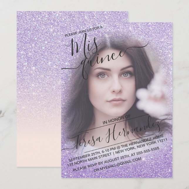 Convites Foto Glitter Azul Roxo Quinceañera (Frente/Verso)