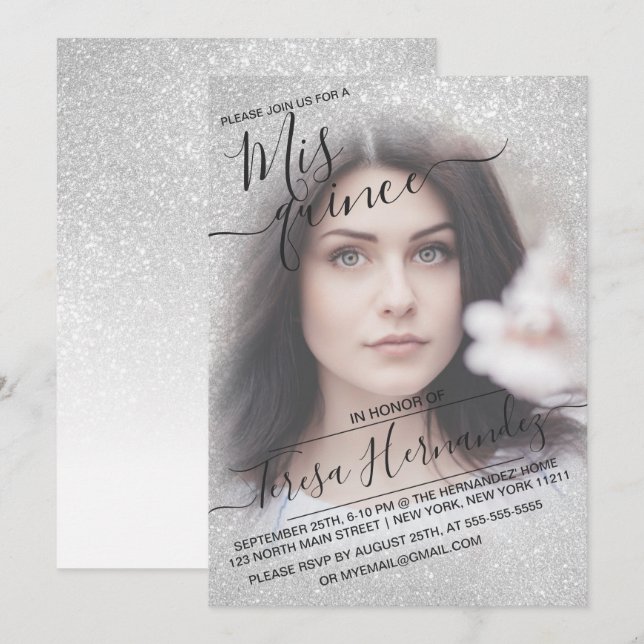 Convites Foto Glitter Esmagadora Branca Elegante Quinceañer (Frente/Verso)