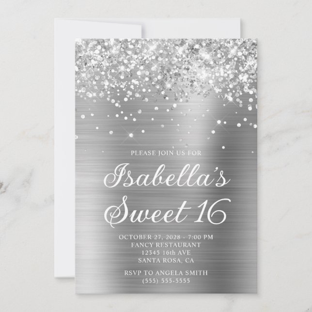 Convites Foto Glittery Silver Foil Sweet 16 (Frente)