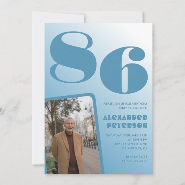 Convites Foto Gradiente Azul Aniversário de 86 anos (Frente)