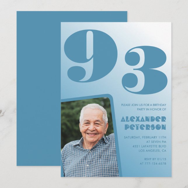 Convites Foto Gradiente Azul Retro 93º aniversário (Frente/Verso)