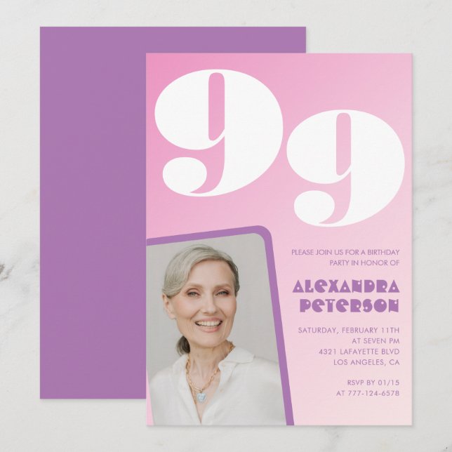 Convites Foto gradiente rosa roxo aniversário de 99 anos (Frente/Verso)