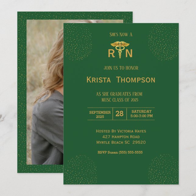 Convites Foto: Graduação de Enfermeira Dourada Verde Inv (Frente/Verso)