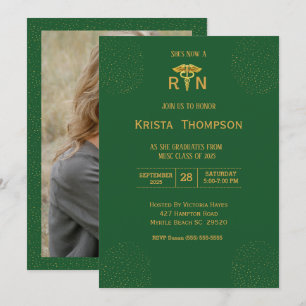 Convites Foto: Graduação de Enfermeira Dourada Verde Inv