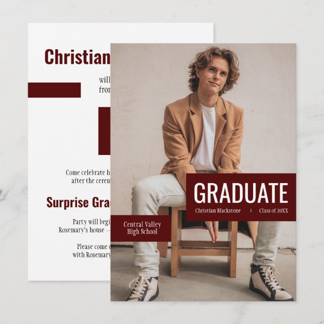 Convites Foto grande com blocos de graduação de Maroon (Frente/Verso)