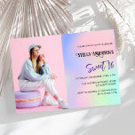 Convites Foto holográfica rosa púrpura, luxo Doce 16<br><div class="desc">Um fundo holográfico rosa,  roxo e verde de menta. Personalize e adicione uma foto e detalhes da festa.</div>