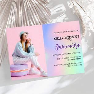 Convites Foto holográfica rosa púrpura Quinceanera