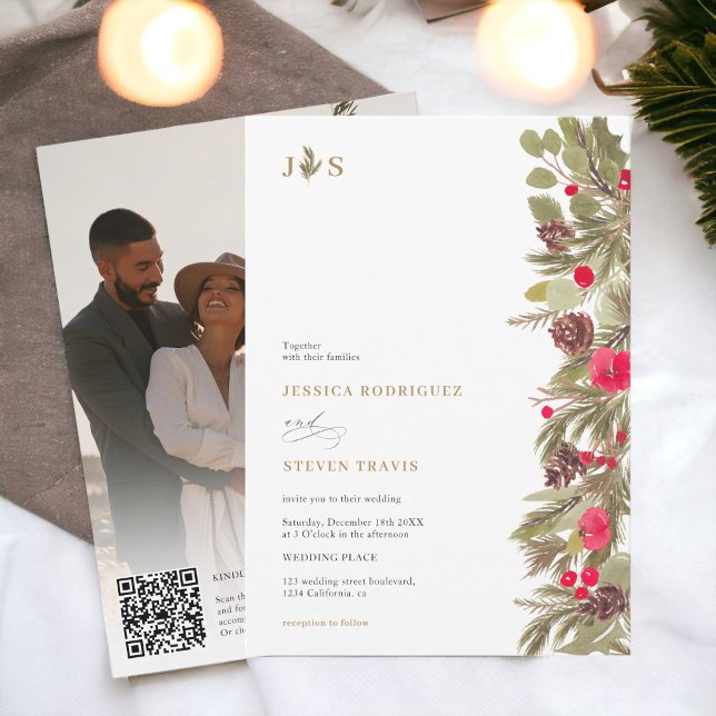 Convites Foto inicial do pinheiro de inverno elegância Qr c (Winter pine elegance initial photo Qr code Wedding Invitation)