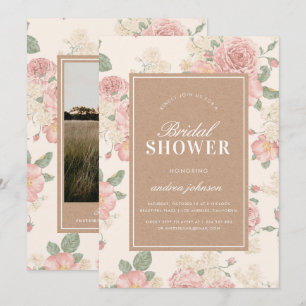 Convites Foto Kraft Vintage Jardim de Rosas Rosa Casamento