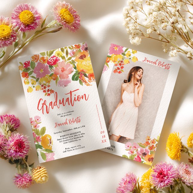 Convites Foto Laranja Roxa Boho floral formatura (Purple Orange photo Boho floral graduation Invitation)
