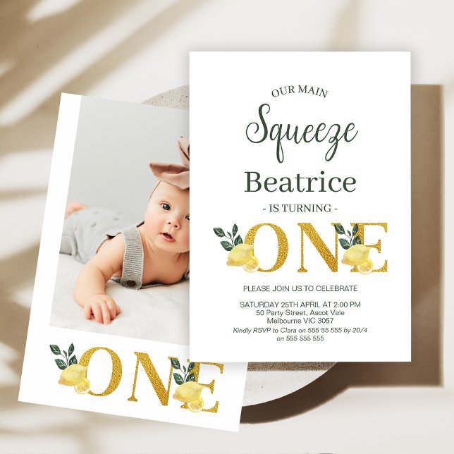 Convites Foto Limões Nosso primeiro aniversario De Apertar  (Lemon MAIN SQUEEZE 1st Birthday Invitation Lemonade Birthday Party Invitation Lemon Foliage Birthday)