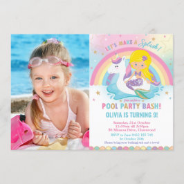 Convites Foto loira de aniversário do Sereia Unicorn Piscin