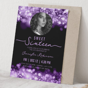 Convites FOTO Luzes Brilhantes Aniversário de 16 anos Roxo 