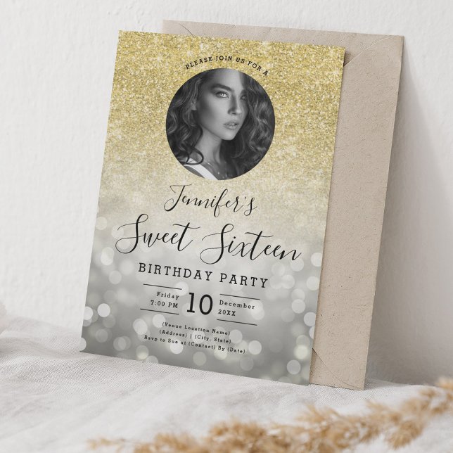 Convites FOTO Luzes de Bokeh Glitter Prateadas Douradas Doc (PHOTO Gold Glitter Silver Bokeh Lights Sweet 16 Invitation)