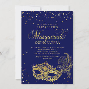 Convites Foto Máscara de Purpurina Dourada Azul para Quince