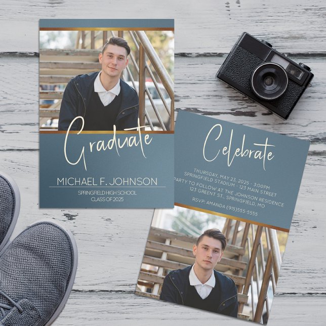 Convites Foto Masculina Moderna Azul (Criador carregado)