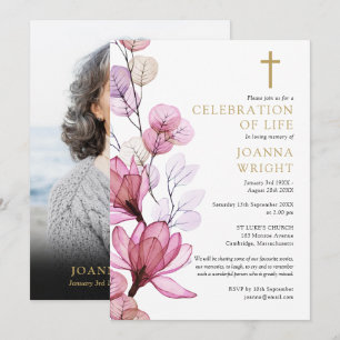Convites Foto memorial fúnebre cristã floral rosa