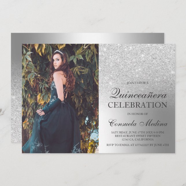 Convites Foto metálica ombre de prata Quinceañera (Frente/Verso)