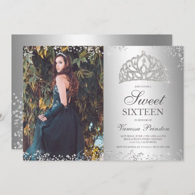 Convites Foto metálica tiara com brilho prateado Sweet 16 (Frente/Verso)