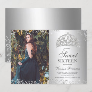 Convites Foto metálica tiara com brilho prateado Sweet 16
