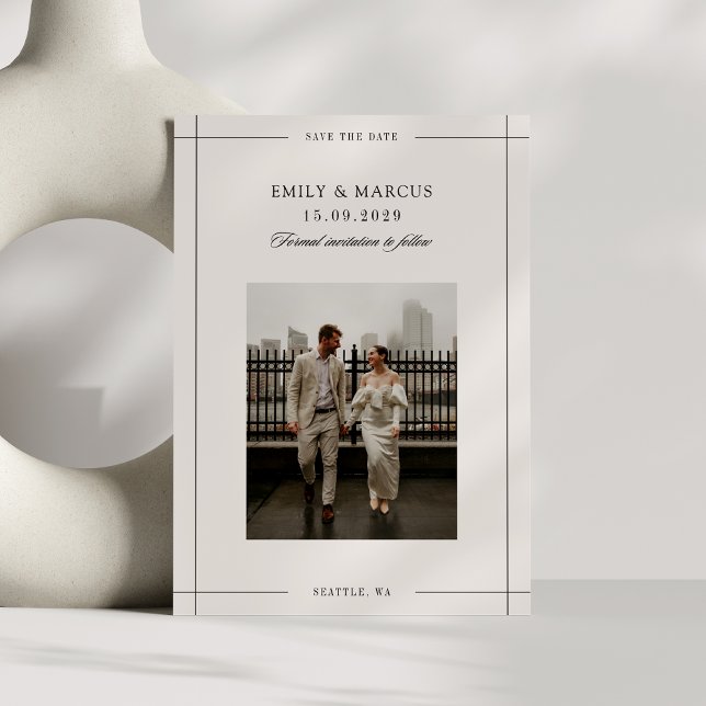 Convites Foto mínima de borda moderna bege, salve a data (Criador carregado)